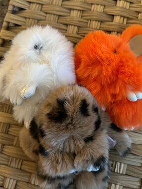 Plush Rabbit Fur Bag Charms Trio - White, Brown Leopard & Orange